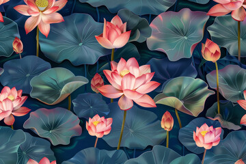 Wall Mural - A pattern of lotus with petals, buds, and stems of the sacred flower in a pond or a vase