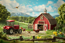 A Farm Scene With A Barn, A Tractor, A Cow, And A Chicken