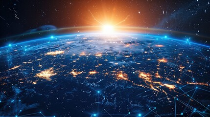 Aufkleber - Digital world globe concept of global network and connectivity on earth high speed data transfer and cyber technology information exchange and international telecommunication. Generative AI.