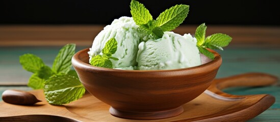 Wall Mural - A refreshing dish of mint ice cream served on a wooden tray garnished with fresh mint leaves. Made with natural ingredients, this dessert is a staple food in many cuisines