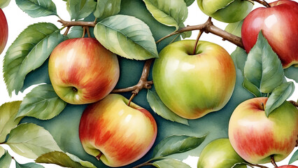 Ripe apples with leaves. Watercolor illustration. Fruit  background