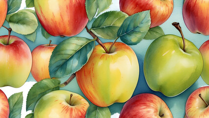 Ripe apples with leaves. Watercolor illustration. Fruit  background