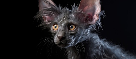 Poster - A Felidae carnivore, the gray cat with yellow eyes is gazing at the camera on a black background. Its whiskers, ears, and snout stand out against its fur in the darkness