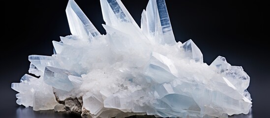 Poster - A close up of a crystal on a black surface, with an electric blue hue reminiscent of freezing water. The crystal shines like a fashion accessory against the dark backdrop