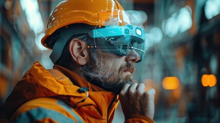 Aufkleber - One man wearing augmented reality glasses and working in a civil works construction site. Generative AI.