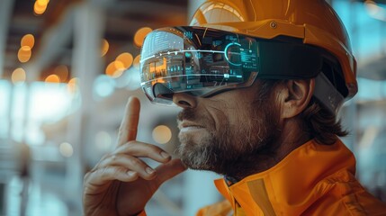 Aufkleber - One man wearing augmented reality glasses and working in a civil works construction site. Generative AI.