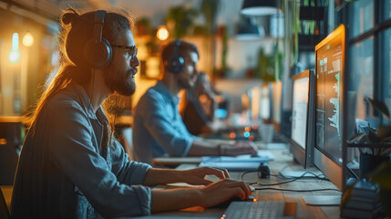 Aufkleber - Team of software developers coding in an open-plan office, with dual monitor setups, showcasing focus and teamwork in a tech startup environment. Generative AI.