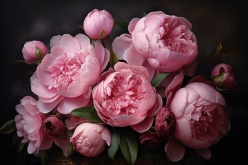  Blooming Beautiful pink flowers plants on background. Nature pastel natural rosy azure. Generate ai