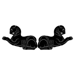 Wall Mural - Symmetrical animal design or frame with two stylized lions. Ancient Greek or Persian motif. Black and white silhouette.