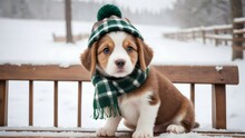 A Small Brown And White Puppy Sitting On A Wooden Bench, Its Ears Poking Out From Under A Fuzzy Green Hat And Its Neck Wrapped In A Plaid Scarf, Surrounded By A Snowy Landscape.