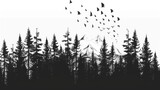 Fototapeta Las - a flock of birds flying over a forest filled with tall pine trees with a mountain in the distance in the distance.