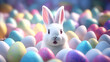 Adorable White Easter Bunny Surrounded by Colorful Eggs, Easter rabbit with pink ears amidst decorated colorful eggs