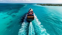 A Breathtaking Aerial View Of A Massive Container Ship Navigating Through Turquoise Waters, Leaving A White Wake Behind.