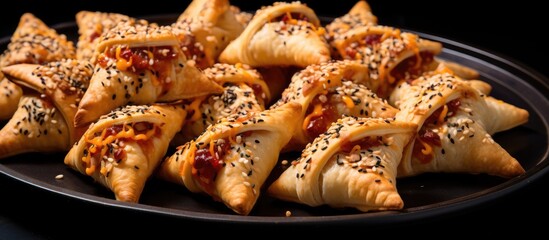 Poster - An appetizing closeup of a plate of food with a dark background, showcasing a delicious dish made with fresh ingredients. The cuisine looks tempting and could be a staple food in many households