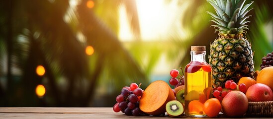 Wall Mural - A selection of citrus fruits including Valencia oranges and Clementines, along with a bottle of oil, displayed on a wooden table