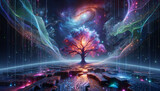 Fototapeta Miasto - Surreal holographic tree amidst cosmic landscape with abstract elements