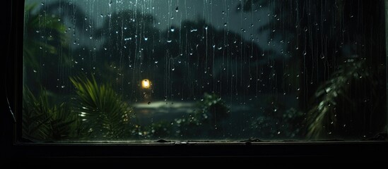 Poster - A glass window in a building overlooking a dark, rainy forest at night, with terrestrial plants and grass swaying in the wind