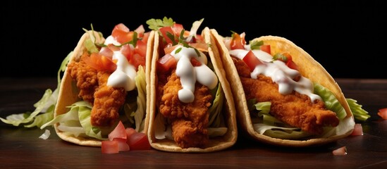 Three chicken tacos with lettuce, tomatoes, and sour cream displayed on a wooden table. A delicious dish combining fresh produce and flavorful ingredients