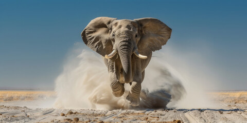 un gorsso elefante che salta verso la macchina fotografica con la bocca aperta in un ringhio, lo sfondo è la steppa della Patagonia in Argentina con un cielo limpido e blu