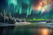 aurora borealis green fluor northern lights and silhouette man watching winter landscape with polar