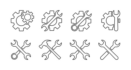 Gear, wrench, hammer and screwdriver set, outline vector set of tools