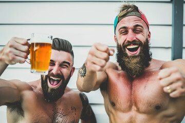 Wall Mural - funny mens with beer, drinking beer in garden, shirtless