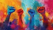 Abstract illustration of colorful raised fists breaking through barriers, symbolizing breakthrough and fight against oppression.