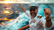 man in a white shirt and hat is smiling and waving on a boat. Scene is happy, joyful. cruise ship captain celebrating, smiling, giving an announcement on a cruise ship with majestic sea in background