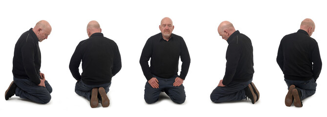 Wall Mural - various poses of the same man kneeling on white background