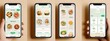 © jorge - A person is holding four cell phones, each displaying a menu of food items