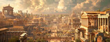 Fiction panoramic view of Ancient Rome in past, landscape of city in summer. Scenery of old buildings and sky. Concept of Roman Empire, vintage, antique, history, travel, skyline
