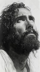 Wall Mural - Charcoal sketch of Jesus Christ. Man with long hair and beard. Savior. Concept of faith, spirituality, Easter, divinity, Christian beliefs, resurrection, religious. Black and white Artwork. Vertical