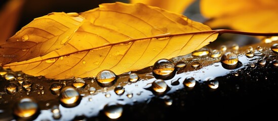 Sticker - A macro photograph of a yellow leaf with water drops on it, showcasing the beauty of a deciduous terrestrial plant in natural landscape