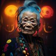 an old asian woman wearing colorful in a room