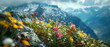 Vibrant pink and orange flowers blanket an alpine meadow, with a majestic mountain range in the soft-focus background