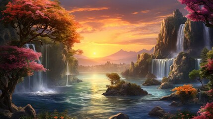 Wall Mural - Serene landscape with waterfalls and sunset. Peaceful nature scenery.