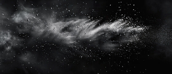 Wall Mural - This detailed image captures an ethereal explosion of dust and particles creating a dynamic texture on a dark background, conveying energy and motion