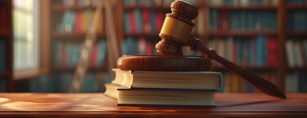 a wooden gavel sitting on top of a table next to a pile of books