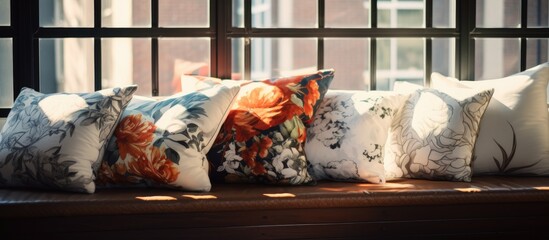 Sticker - A row of vibrant pillows adorns the window sill of a quaint house. The colorful display brings a touch of art to the rooms decor