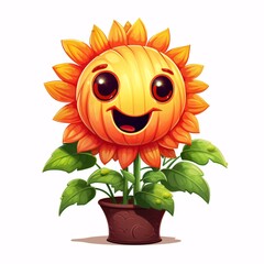 Wall Mural - a cute happy smiling sunflower with green leaves on a white background