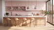 a kitchen with light pink cabinets and wooden stools