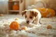A fawn Dog breed puppy, a carnivore, is happily playing with a ball on the floor. Its snout gleefully chasing the bouncing object, providing entertainment and exercise for this adorable companion dog