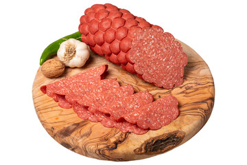 Wall Mural - Sausage and slices on cutting board. Cold sausage slices on white background