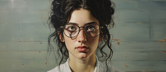 Poster - An art event showcasing a painting of a woman with glasses and white shirt, highlighting the importance of vision care. The subtle gesture and the detailed eyelashes add to the charm of the artwork