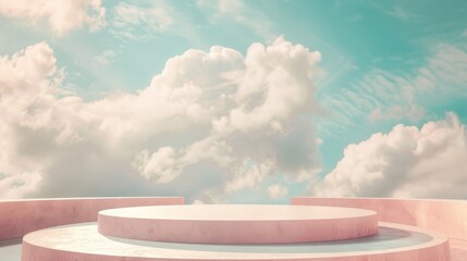 Wall Mural - Retro-inspired podium with a vintage sky background, featuring pastel colors and soft textures.