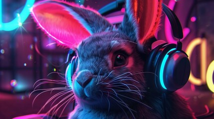 Wall Mural - Generative AI illustration of adorable rabbit listening to music over headphones while playing in dark room with colorful neon lights