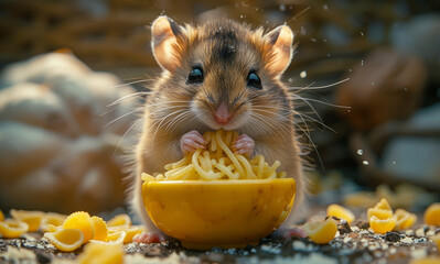 Wall Mural - Cute little hamster is eating spaghetti in bowl