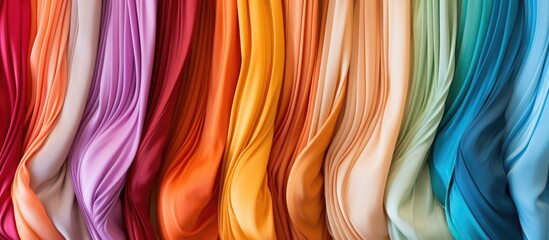 Poster - A row of colorful textiles featuring silk, magenta, electric blue, and peach patterns. Liver, orange, and artificial hair integrations add to the vibrant display at a special event