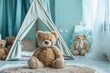 A stuffed toy teddy bear, a vertebrate mammal organism, sits in front of a teepee in a room. The wooden structure and cozy curtain create a comforting event