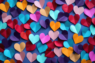 Wall Mural - Colorful collection of paper hearts on blue background